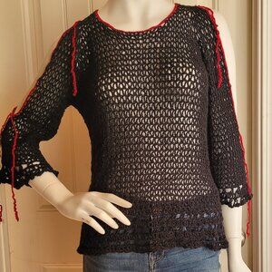 Vintage 90s Handmade Crochet Goth Red and Black Cold Shoulder Top S